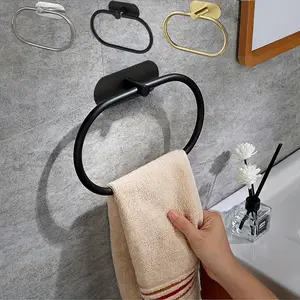 Black Silvery Stainless Steel Self-adhesive Towel Rack - Bathroom Towel Ring, Dishcloth Holder, Handkerchief Towel Holder, Toilet Accessories, Storage