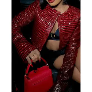 Women's Slim Fit Short Crop Top, Round Neck Plain Color Shirt Jacket, PU Leather Jacket, Hard Material, All Seasons Fashion, Casual StyleGift