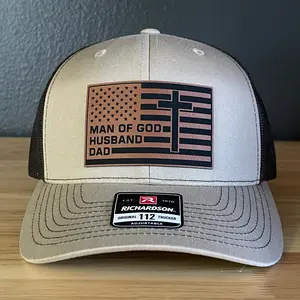 American Flag Man Of God Cross Christian SnapBack Trucker Hat Leather Patch