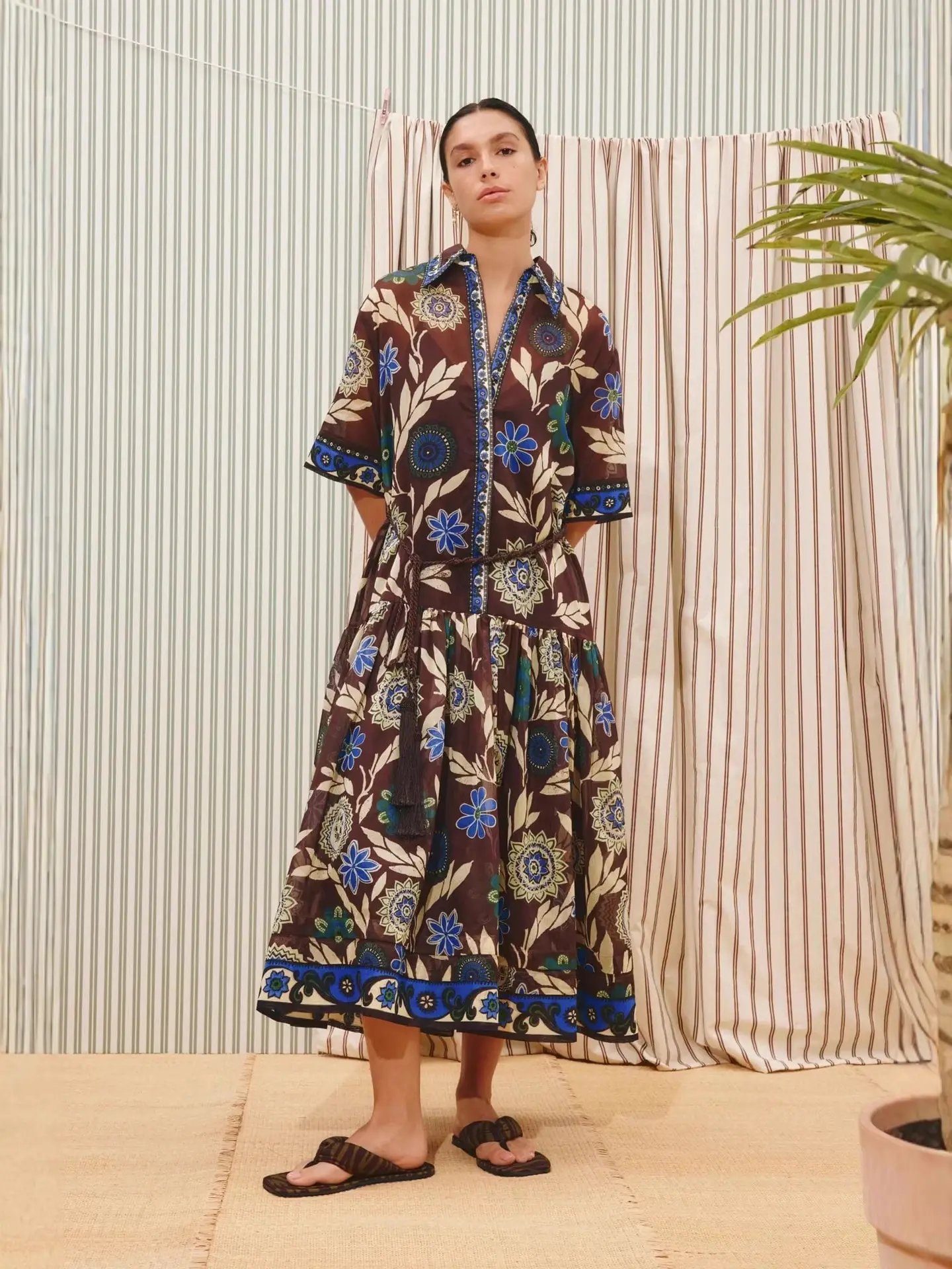 Women’s Feminine Brown Multicolor Floral Print Maxi Dress - Collared Shortsleeve, Breathable, Comfortable Button-Front Style with Waist Tie for Elegance