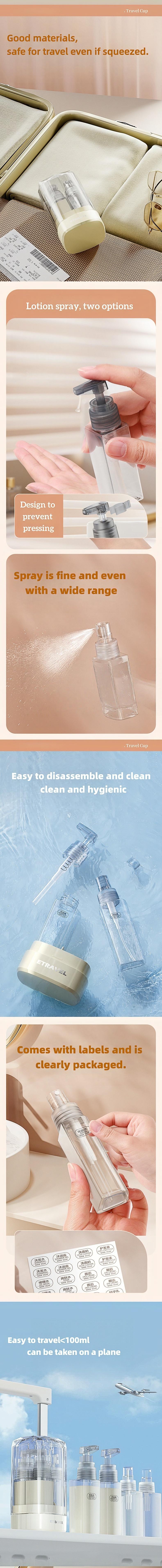 4-in-1 Travel Dispenser Bottle for Toiletries Portable Cosmetic Shampoo Lotion Compact Plastic Container Easy Press Smooth Flow Airplane Carry-on Approved