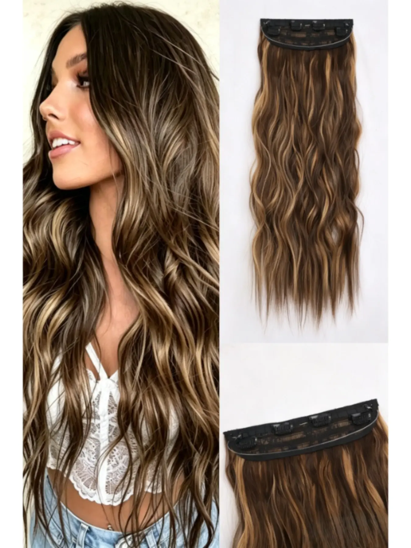Summer Style 20-Inch Invisible Hair Fiber Synthetic Halo Extension, Long Wavy Glueless Synthetic Wig for Women, Secure 4-Clips, Adjustable Transparent Band, Multiple Colors Available, Synthetic Hairpieces