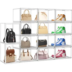 10 Pcs Clear Purse Storage Boxes, Plastic Shoe Boxes Stackable Acrylic Display Case Shoe Organizer with Magnetic Lid, Acrylic Display Box for Collectibles,Purse Organizer,Handbag,Shoes Size 14