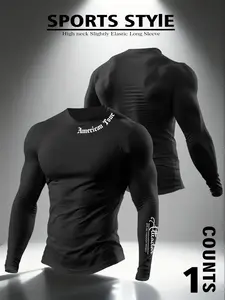 Men's Crew Neck Fitted Long Sleeve T-Shirt Cross & American Screen Printed Moisture-Wicking Compression Sports Top Shirt Faith-Based Christian Casual Tee, Gym Shirts, Athletic Workout Gym Top Everyday Urban Streetwear Fit, Gym Athletic Clothes