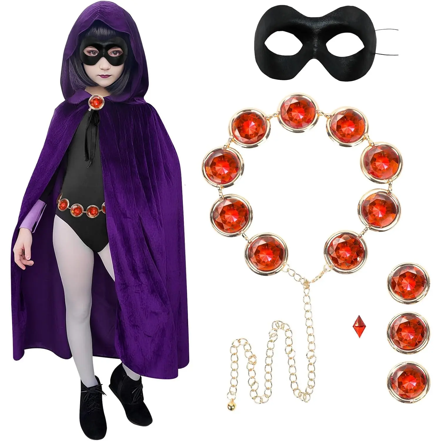 Kids Halloween Costume Raven Hooded Purple Cape with Adjustable Red Gemstone Waist Chain for Kids Halloween Cosplay