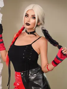 28 Inch Black & Red Long Braided Synthetic Wigs with Bangs, Premium Heat Resistant Fiber Full Machine Hair Wig, Harley Quinn Costume Wigs for Women & Girls Halloween Party Use, Anime or Cosplay Decoration, Pigtails