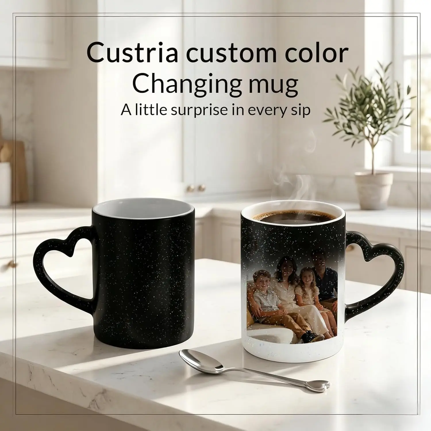 Personalized Shaped Heat-Changing Color-Changing Ceramic Mug - Reusable Sturdy Tea Cup with Custom Photo/Logo/Text, Heart Handle, Black Starry Design - Birthday Anniversary Gift for Girlfriend (Home & Festive Supplies), Customized
