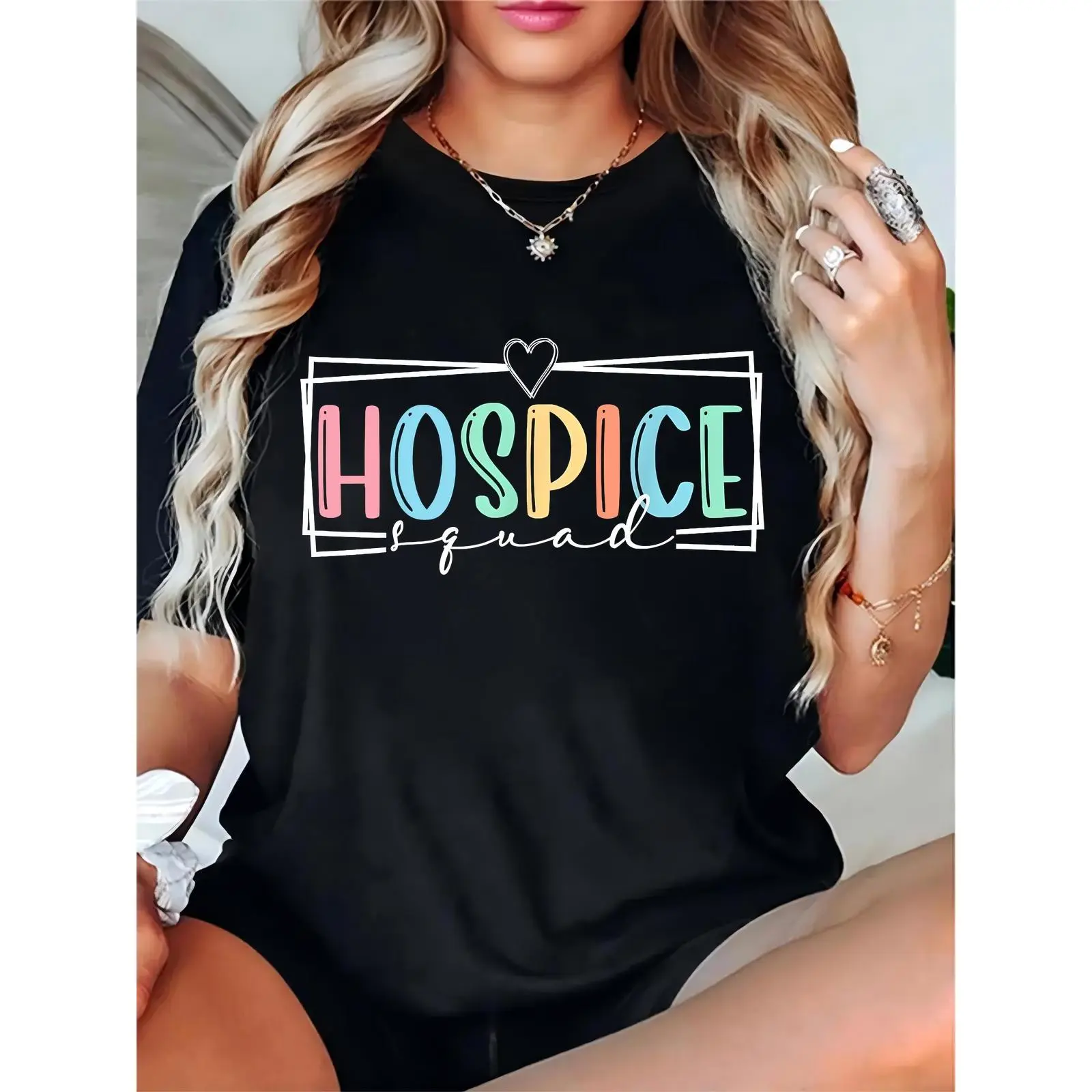 Women's Casual Colorful Hospice Squad Heart Graphic Short-Sleeve Crew Neck T-Shirt - 100% Cotton, Breathable, Relaxed Fit Clothes for Hospice Healthcare Workers (Daily, Team Events), Tops, Shortsleeve, Lightweight, Comfortable, Tshirt, Skirts