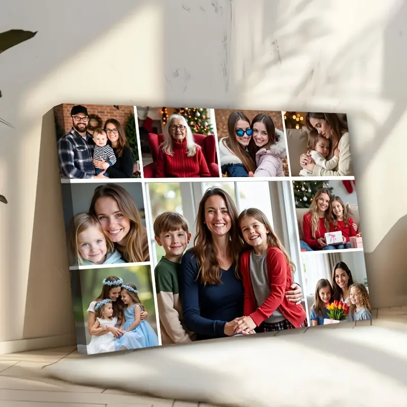 Customized 9-Line Family Photo Collage Framed Canvas Wall Art Print - Thick Wrapped Canvas Photo Print, Christmas Gift, Kid Room Wall Display, All Seasons Living Room Bedroom Home Decor, Original Image Compatible, Family Memories, Customizable