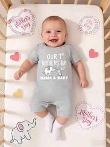 Mother's Day Theme Cute Newborn Baby Unisex Romper, Cartoon Letter Pattern Round Neck Short Sleeve Jumpsuit, Fitted Knee Length