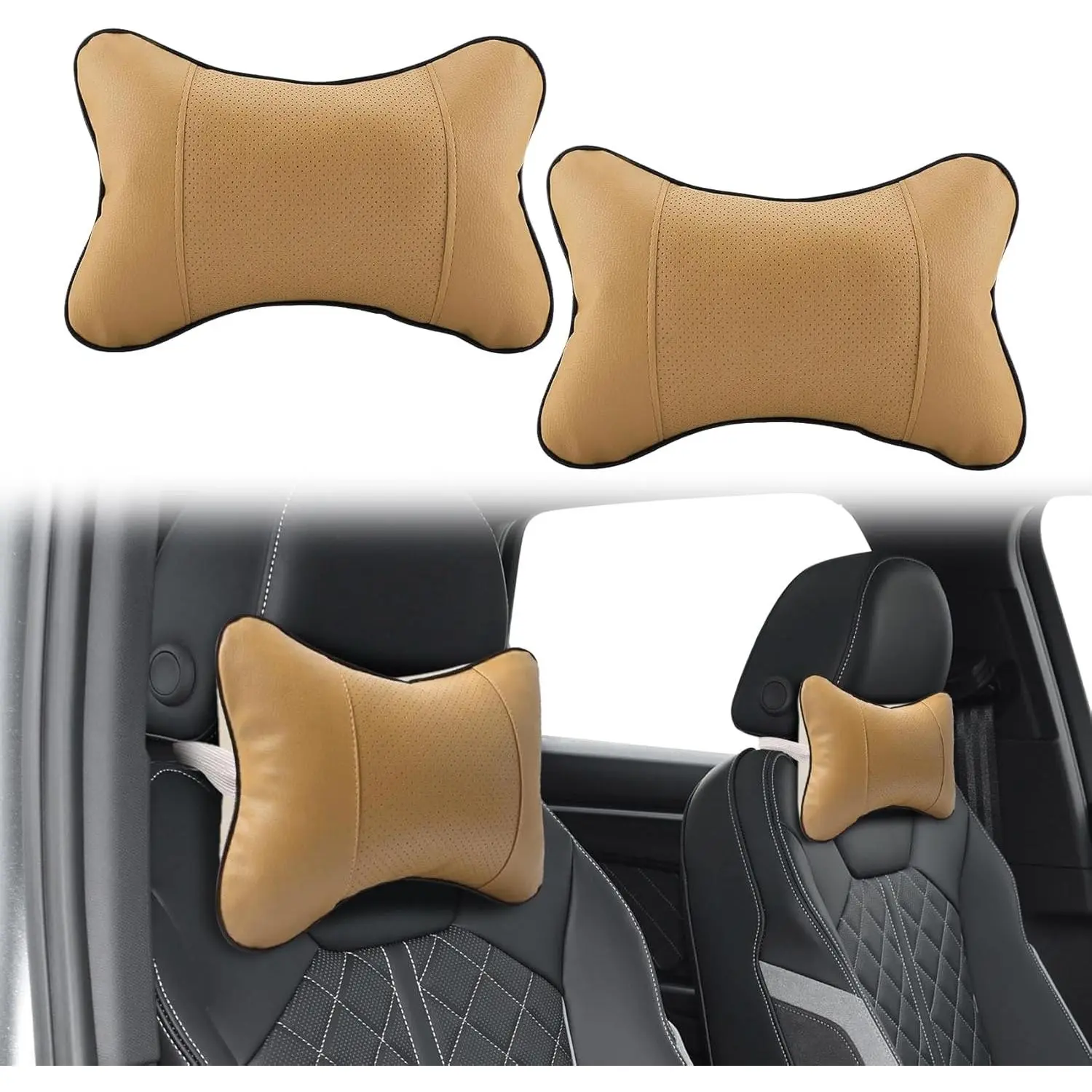 2Pcs Car Neck Pillow, Soft Comfortable Breathable Memory Foam Ergonomic Design Auto Neck Pillow Cushion with Adjustable Strap, Universal PU Leather Auto Headrest Pillow for Neck Pain Pressure Relief