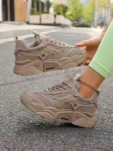 New Thick Sole Women's Fashion Casual Shoes, Breathable Comfort Flat Outdoor Mesh Running Sports Shoes, All Seasons Textile PU Upper