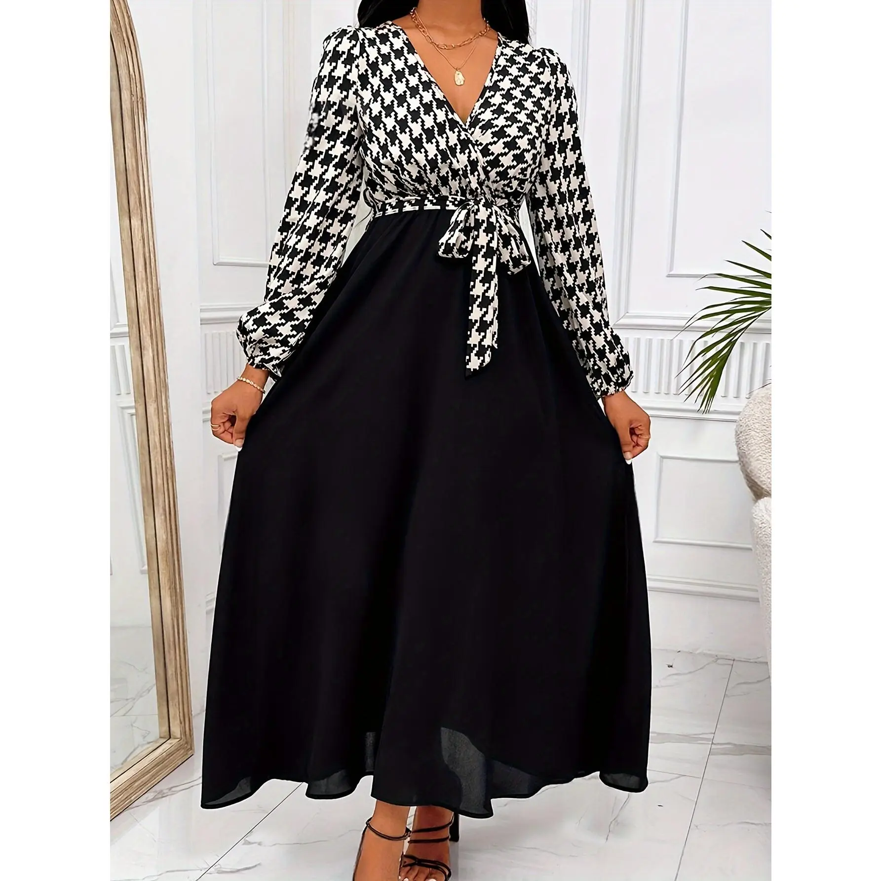Women's Plus Size Houndstooth Print Tie Waist Dress - Surplice Neck, Long Sleeve, Elegant - & Fall - Suitable Casual & Formal Occasions - Perfect Gift Women