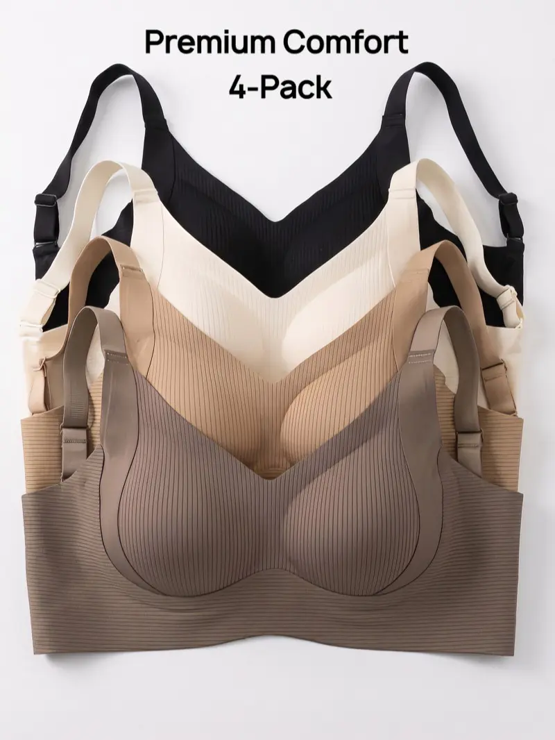 4PCS Solid Seamless Ribbed Push-Up Bras, Plus Size Wirefree Jelly Full Coverage Comfort Everyday Bralette, Ultimate Lift Cool Sleep Bra