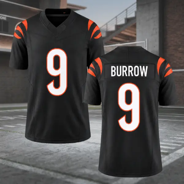 Full Print Black/Orange Burrow #9 Football Jersey, Men's V Neck Short Sleeve Breathable Athletic Shirt, Game Day Mesh Uniform Top, Sports Fan Apparel Style, Unisex Player Jersey, Awesome Gift for Football Fans