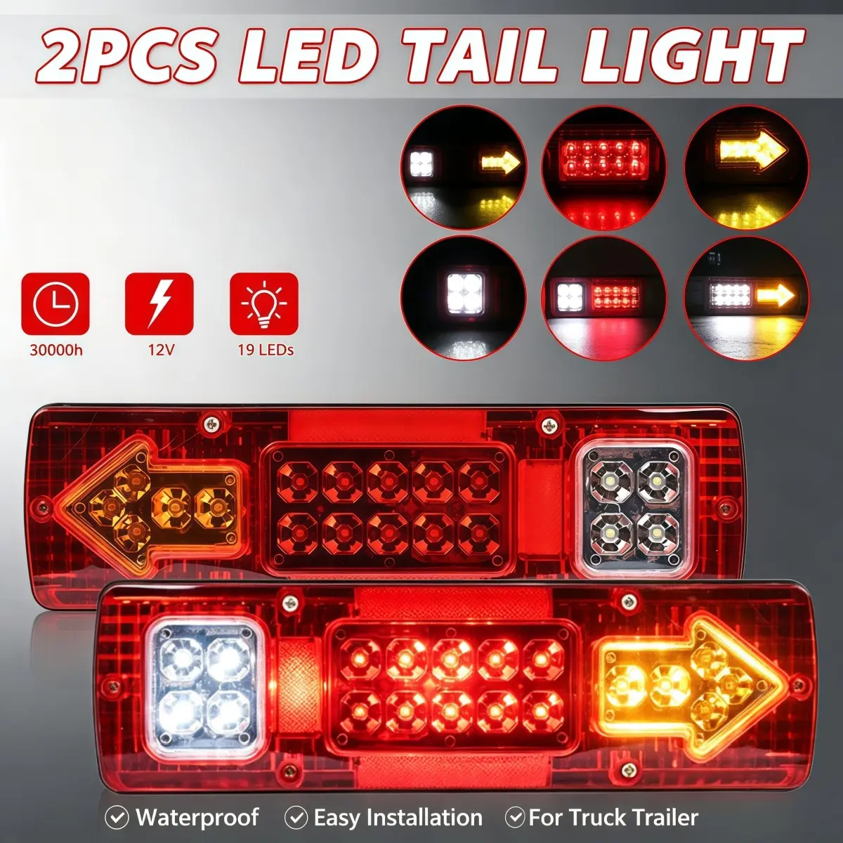 2 PACK 19 LED Car Trailer Tail Lights Red & White & Amber Integrated Turn Signal Running Lamp Waterproof, Turn Signal Light with Arrow Universal for ATV Truck Trailer Boat SUV RV