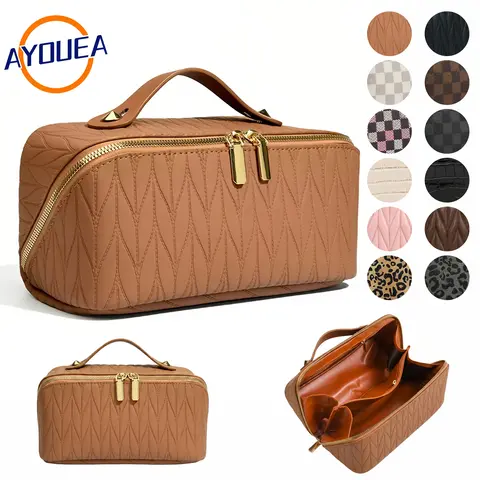 Large Capacity PU Vegan Leather Makeup Bag for Women Waterproof Travel Cosmetic Organizer with Handle Portable Toiletry Pouch Salon Grade Makeup Case Jewelry Storage Christmas Gifts Valentine's Day Gift for Her Xmas Gift for Girlfriend Wife Mom Minimalist