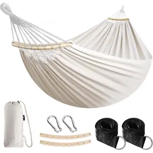 Garden cotton hammock, equipped with support poles, sturdy and durable, can support up to 450 pounds, portable and lightweight, comes with a travel bag, suitable for camping, outdoor/indoor patios, and backyards