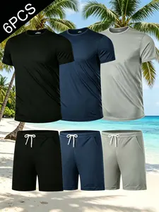 6-Piece Men's Sportswear Set, Quick-Dry Polyester Knit, Regular Fit, Summer Short Sleeve Sailor Neck T-Shirt with Running Basketball Shorts