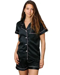 Women Satin  Trim 2-Piece Pajama Set – Casual Daily Loungewear