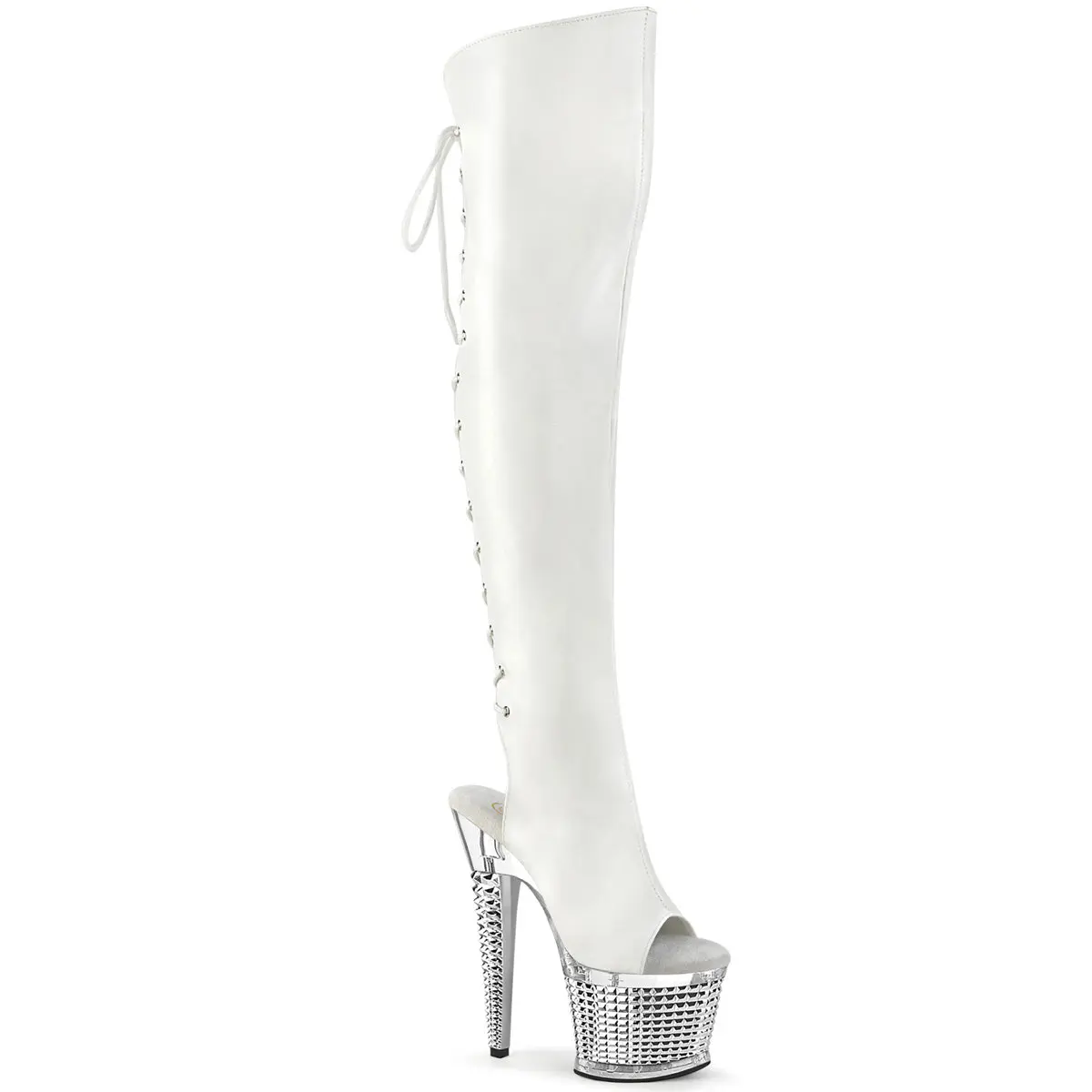 Women's Spectator-3019 Thigh High Boots - White Synthetic PU with Silver Chrome, Open Toe Footwear, 7-in Heel, 3-in Textured Platform, Side Zip, Polyurethane Statement Shoes