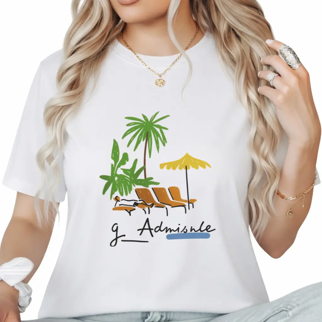 Women'S Palm Tree & Beach Print T-Shirt | Yellow-Green Short Sleeve Summer Vacation Top with Palm for Poolside or Casual Outfits - Machine Washable SpringSummer Blouse