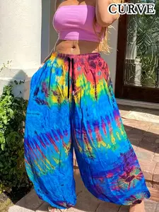 【Plus Size】 Tie Dye Print Pocket Drawstring Waist Pants, Boho Casual Elastic Waist Trousers for Daily Wear, Women's Bottoms for All Seasons, Boho Festival Trousers