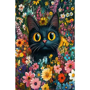 1PCS Cute Black Cat with Big Eyes in Colorful Flowers Diamond Painting Kit for Adults Kids DIY Craft H