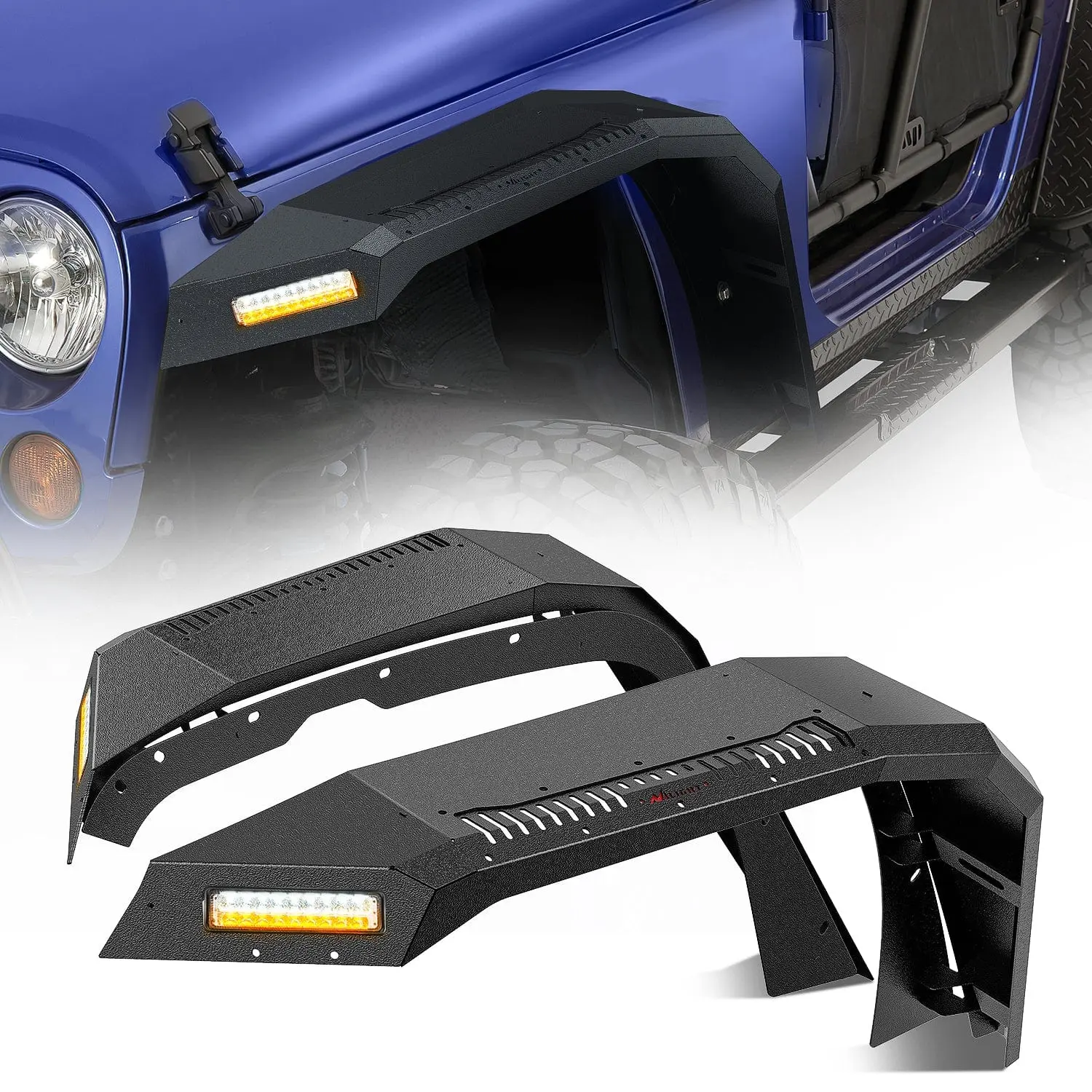Nilight Wide Flat Front Fender Flares with Bolt-On LED Turn Signals, DRL & Tire Cover - Car Accessories for 2007-2018 Jeep Wrangler JK 2/4 Door Vehicles, Blinker Lights