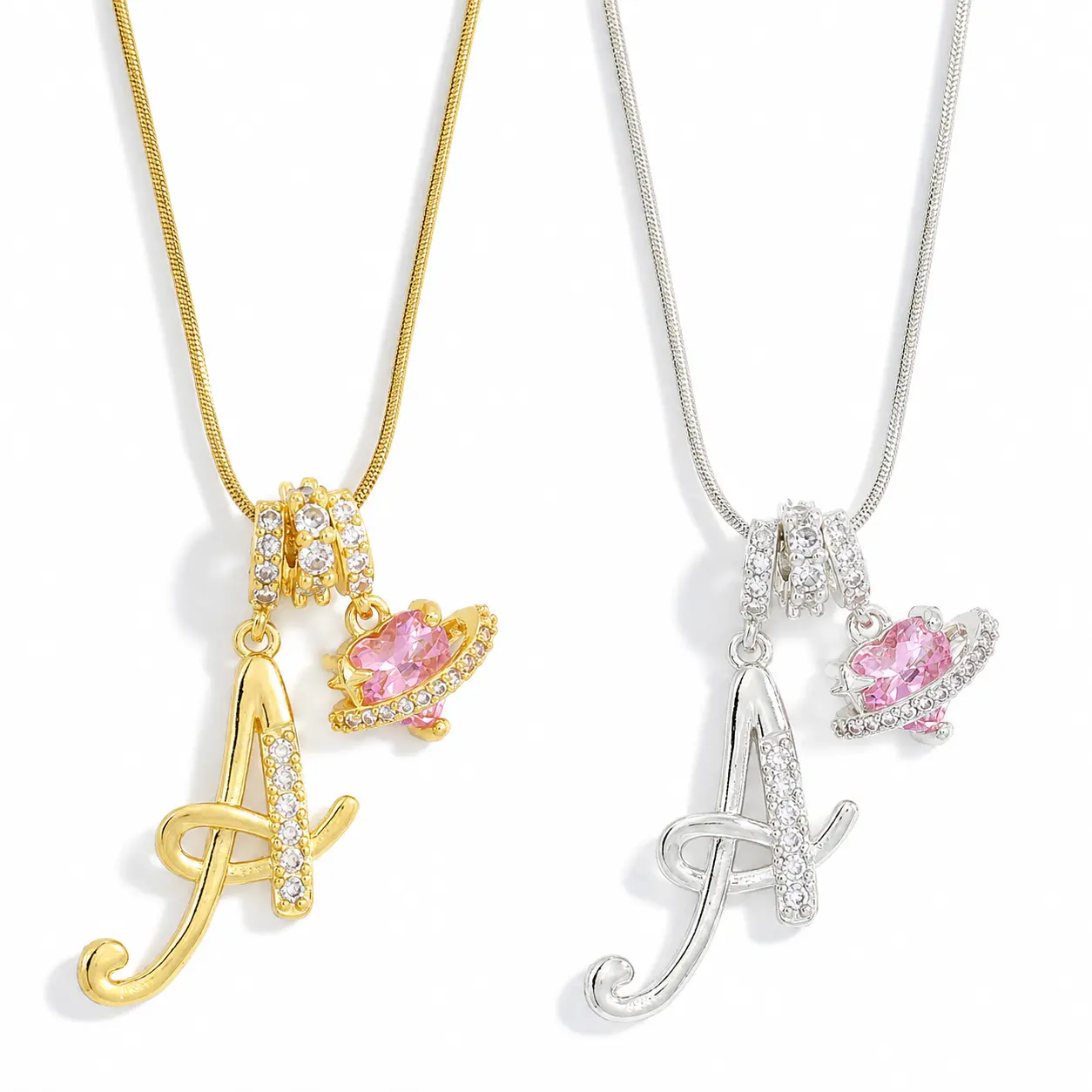 * A–Z Initial Planet Charm Necklace for Women, Crystal Letter Pendant with Pink Saturn Charm, Gold-Tone & Silver-Tone Snake Chain, Dainty Everyday Jewelry Gift