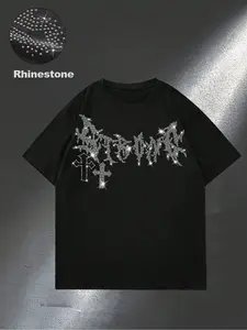 Men's Round Neck Rhinestone Short Sleeve Knit T-Shirt, Street Style Fitted Summer Top, Casual Streetwear Fashion for Men, Moderate Fabric Thickness Menswear