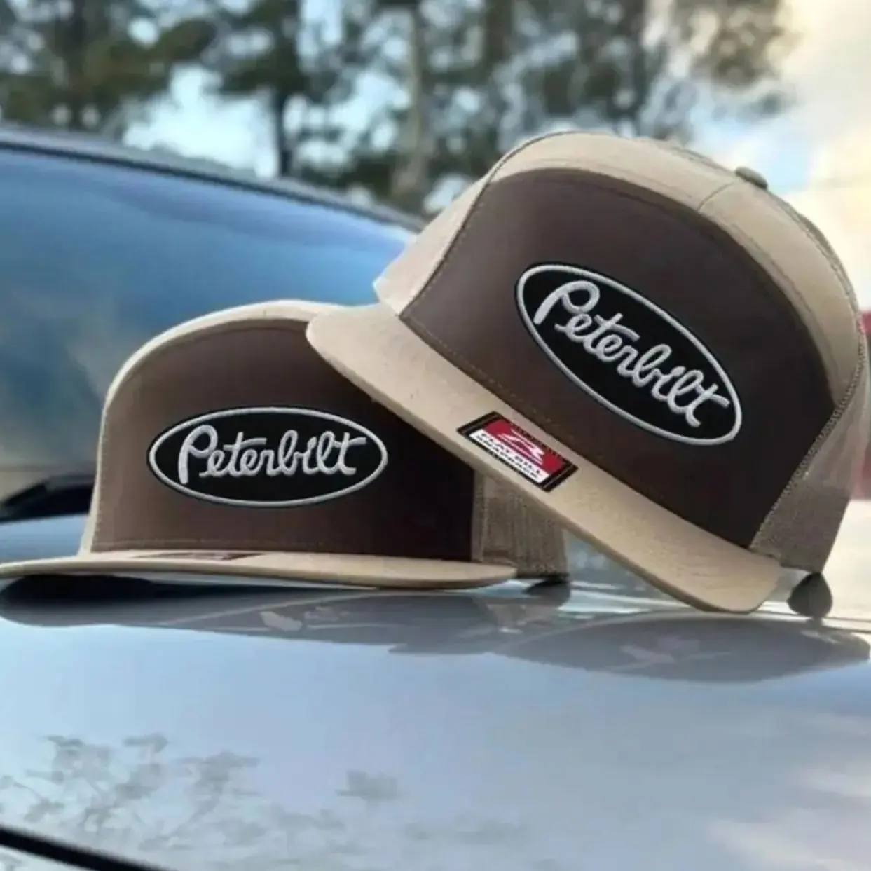 Peterbilt 7 Panel Trucker Hat – Old School Embroidered Snapback, Black White Khaki Brown Mesh Back Cap and Adjustable Fit for Men and Women