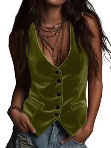 Women's Spring Summer New Elegant V-Neck Cropped Vest Top, Vintage Button Design, French Style Office Commute Layered Shirt
