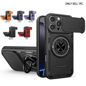 Camera sliding window protection cover 360 degree rotating ring holder with four corner shock resistance suitable for iPhone 17, 16, 15, 14, 13 Pro Max Plus, matte quality phone case, daily essential phone accessory