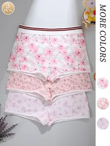 Women's Floral Print Cute Knitted Fitted Briefs, Waist Cinching Butt Lifting Comfortable Skin-Friendly Sporty Fitness Underwear, Pack of 3