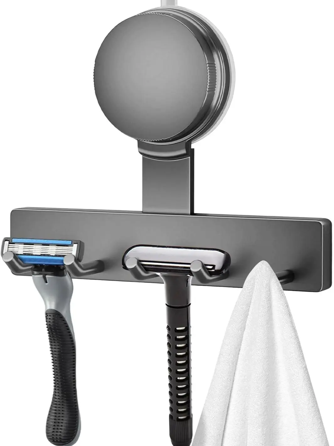 Suction-cup razor holder, shower razor holder, bathroom suction hook, removable bathroom hook, reusable suction mount, drill-free bathroom organizer, gray bathroom hook, strong suction hook, bathroom towel hook, space-saving shower rack