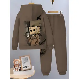 Boys' 3D Print Sweatshirt Sports Set in Brown, Featuring a "Good Boy" Design. Long-Sleeve Pullover And Jogger Pants in a Regular Fit, Perfect for Outdoor Activities in Autumn And Winter