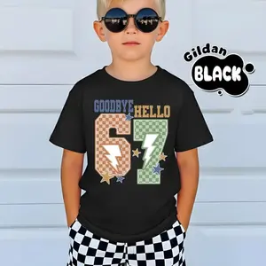 Goodbye 6 Hello 7 Funny 7th Birthday Shirt, 67 B-day Gift for Boy Girl, Viral 67 Meme Birthday Tee, Seven Year Old Birthday Party Shirt 6 7