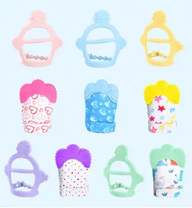 Silicone Teething Mitt, 2Pcs Baby Teething Mitten with Adjustable Strap, Crinkle Sound and Textured, Self Soothing Baby Chew Toys for 0-6month Infants