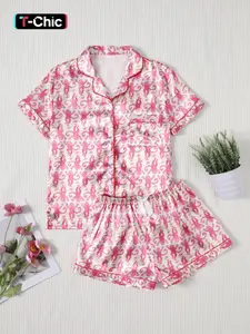 Women's Full Print Top and Shorts Sleepwear Set, Pajama Set, Cute Loungewear, Comfortable Homeewear, Casual Fitted Style, Spring & Fall Season, Cartoon Pattern