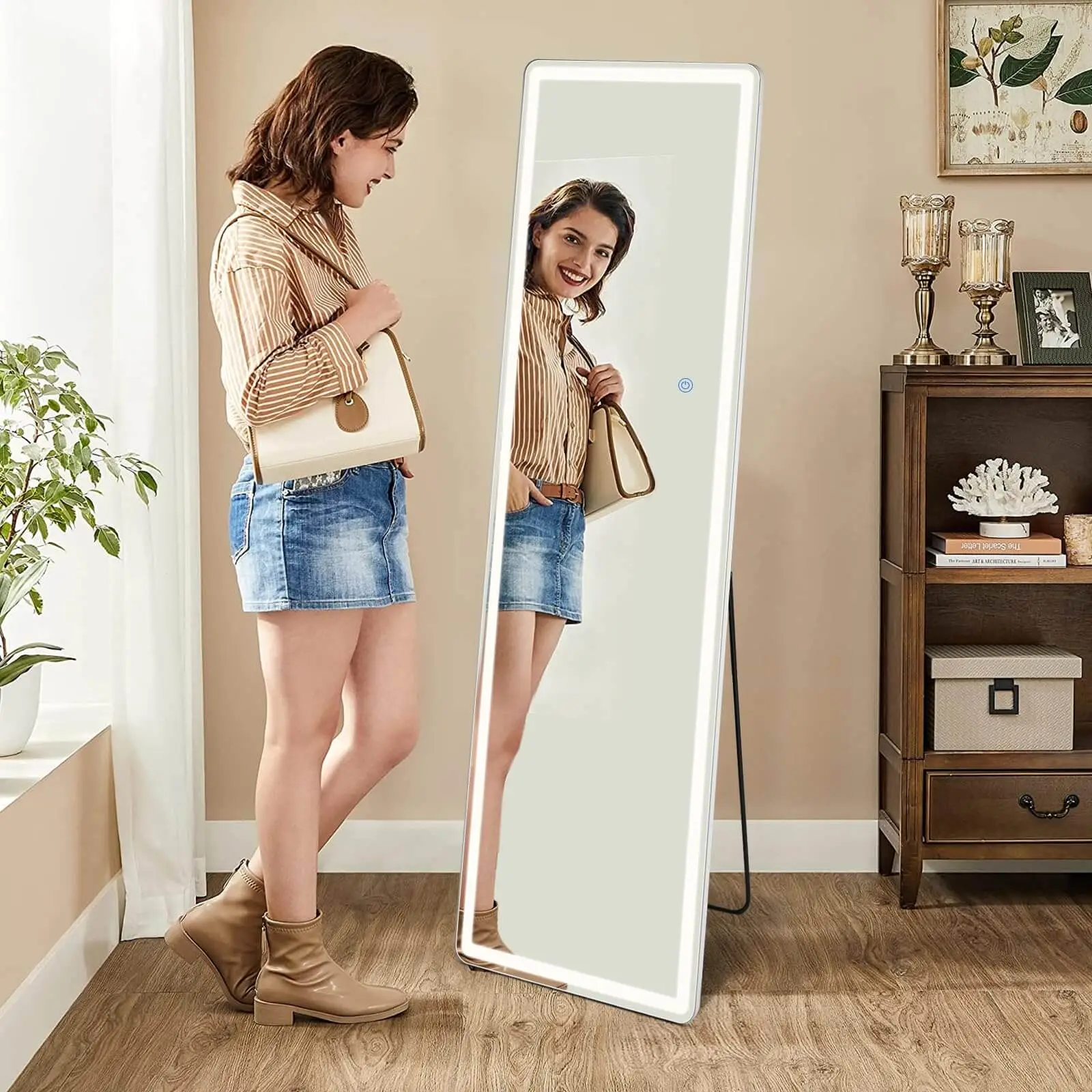 LED Full Length Mirror 64"x21" Oversized Standing Mirror with 3 Color Lights, Lighted Floor Standing Mirror for Bedroom Decor Adjustable Brightness To