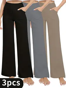 3 Pcs Ladies' High-Waisted Pants with Soft Lining for Winter Warmth Loose Straight-Leg Design in Black Gray & Khaki with Pockets for Casual Office & Halloween Outfits Cold Wash