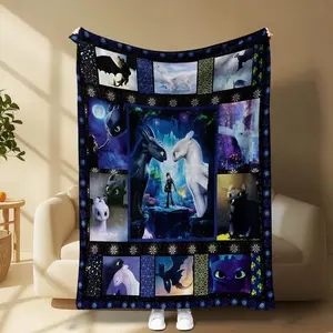 How to Train Your Dragon blanket, Toothless and Light Fury design fleece throw, soft flannel anime blanket Soft and Warm Blanket Holiday Gift Suitable for All Seasons Home Decor