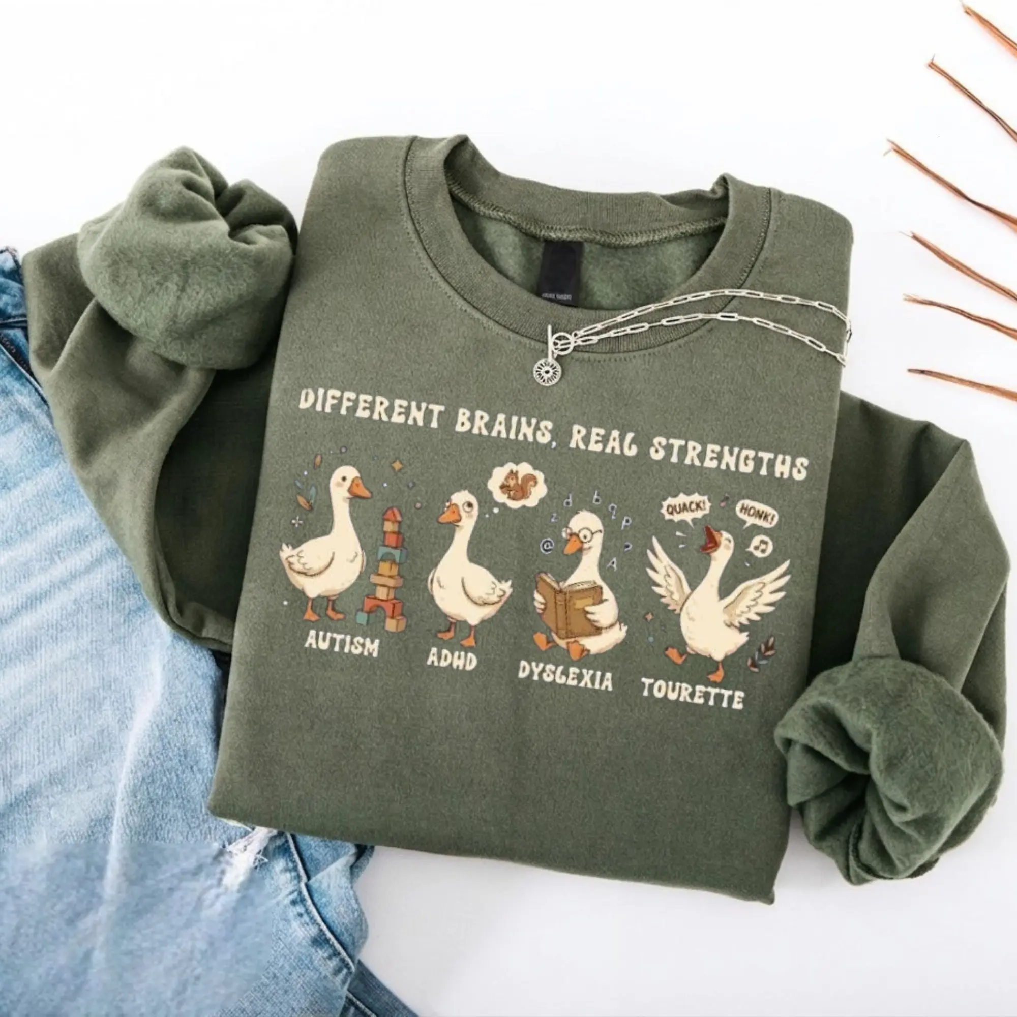 Different Brains Real Strengths T-Shirt or Sweatshirt - Autism ADHD Dyslexia Tourette Neurodiversity Duck