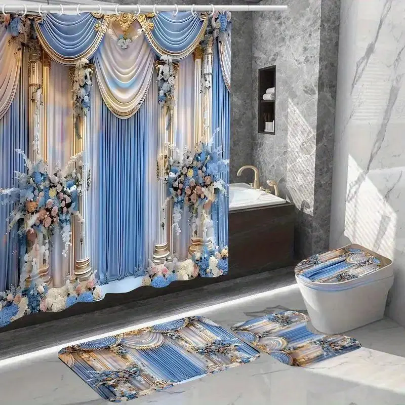 Vintage Floral Pattern Bathroom Curtain Set, 4 Counts/set Including Shower Curtain & Toilet U-shape Mat & Rectangular Mat & Toilet Lid Cover, Bathroom Decoration Accessories, Bathroom Supplies, Shower Curtain Sets, Bathroom Accessory