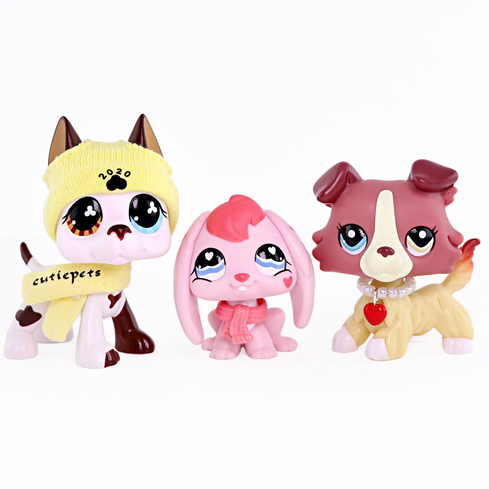 3 Pcs Mini Animal Figurines Set, Boston Terrier Dog, Floppy Ear Bunny & Collie Puppy Plastic Dolls with Winter Knit Accessories, Collectible Pet Statues for Cake Topper, Pretend Play & Desktop Decor