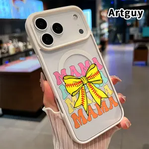 Magnetic Phone Case for iPhone 17 Pro Max 16 Plus 15 14 13 12 11 Air E Softball Mama Bow Pattern Transparent Acrylic Four Corner Shock-absorbing Airbag Hard Cover