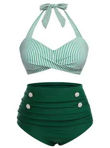 RETRO STAGE Plus Size Vintage 1940s Green Striped Halter Swimsuit Bikini Set, High-Waist Bottoms, Polyamide Blend, Rhinestone Details, Removable Pads, Vintage Bikini