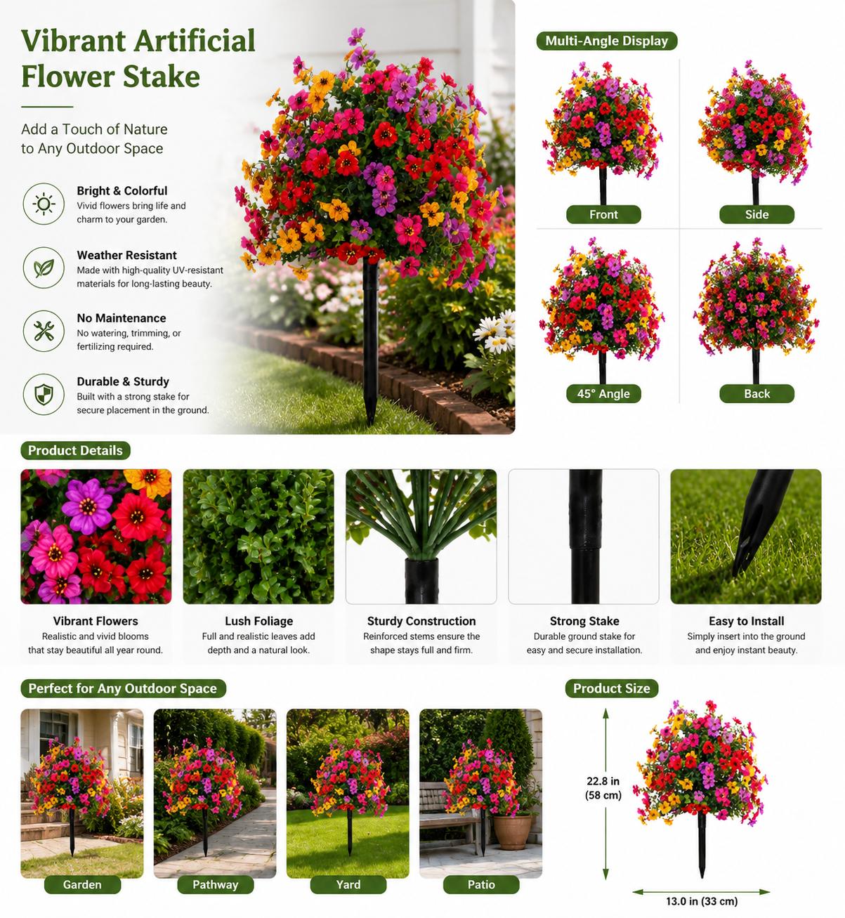 Outdoor/Indoor UV-Resistant & Waterproof Artificial Flower Decor — Artificial Flower Bouquets with Ground Stakes, Ideal for Porches, Patios, Gardens, and Home Courtyards — Realistic Faux Plastic Flowers with Ground Inserts