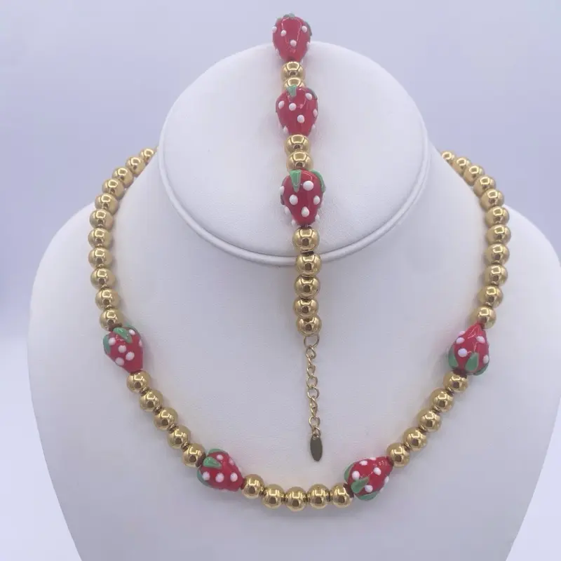 Rodriguezjewelry #3069 Necklace & #3070 Pendant - Gold Beads with Strawberry Motif Jewelry Set